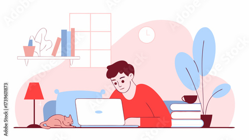 A young man, sitting at a cozy workspace, focuses on his laptop while a cat naps beside him in a serene home setting.