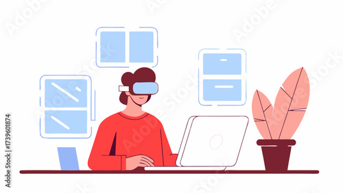 A young woman with curly hair wearing a VR headset, focused on her laptop, surrounded by plants and a bright, modern workspace.