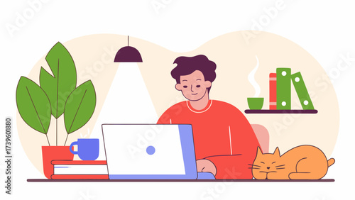 A young man working on a laptop at home, accompanied by a sleeping cat and lush houseplants.