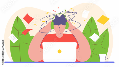 A stressed male figure with dark hair, overwhelmed by distractions, working on a laptop in a vibrant, colorful setting.