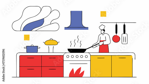 A male chef in a red apron skillfully cooks on a modern kitchen stove, surrounded by vibrant graphic elements.