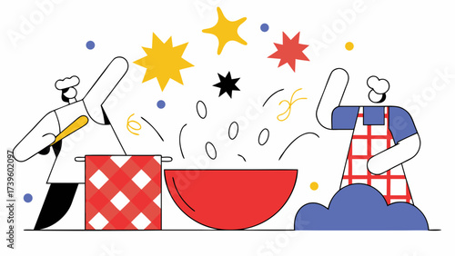 A cheerful chef and a joyful cook bring vibrant ingredients into a mixing bowl, embodying the joy of culinary creativity.