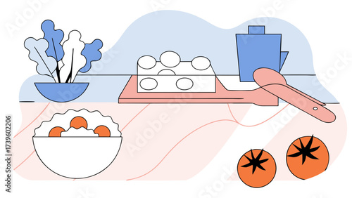 A colorful, minimalistic kitchen scene featuring eggs, tomatoes, and fresh greens, evoking a healthy cooking vibe.