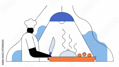 Colorful kitchen scene featuring a chef with pots and steaming dishes, showcasing culinary creativity.