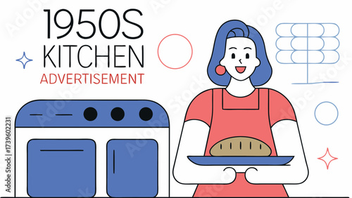 Retro 1950s kitchen scene featuring a cheerful woman with blue hair holding a freshly baked loaf.