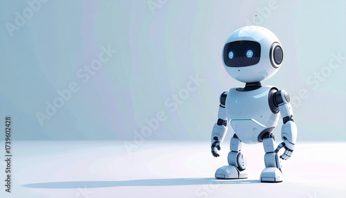 Miniature robotic character with glowing eyes poised for the future, representing technological advancement and friendly artificial intelligence