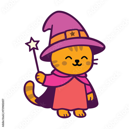 Cute Wizard Cat Cartoon. Halloween Magic Animal Character in Purple Hat and Pink Cape for Kids Illustration, Fantasy Clipart, and Party Design
