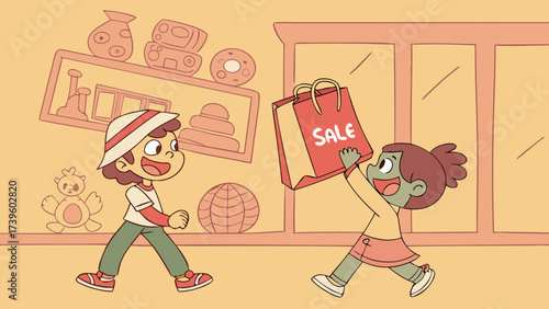 Two children, one boy and one girl, excitedly walk with a shopping bag marked 'SALE', enjoying their day out.