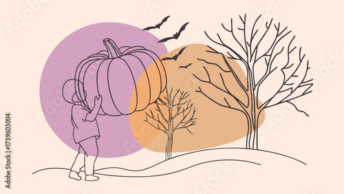 A child carries a large pumpkin through a whimsical autumn landscape with barren trees and flying bats.