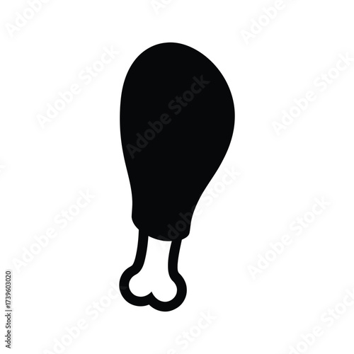 Black silhouette of a chicken leg with bone on white background food