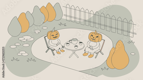Two cartoon characters with pumpkin heads enjoy tea in a cozy garden setting.