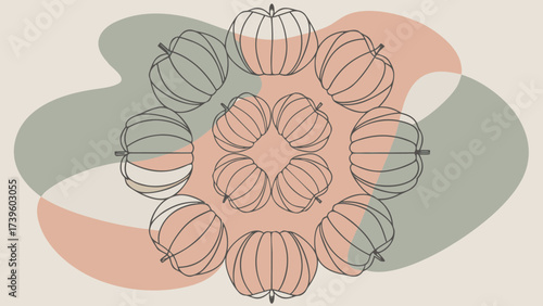 Illustration of four stylized pumpkins in a modern, minimalist design with colorful geometric shapes.