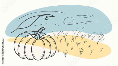 A minimalist illustration of a pumpkin surrounded by leaves, evoking a cozy autumn atmosphere.