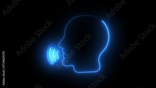 Glowing blue neon human head profile emitting sound waves abstract digital animation communication concept technology voice assistant A I artificial intelligence data