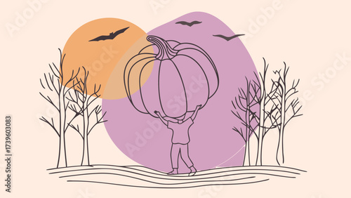 A person lifting a large pumpkin amid a whimsical autumn landscape with bats flying overhead.