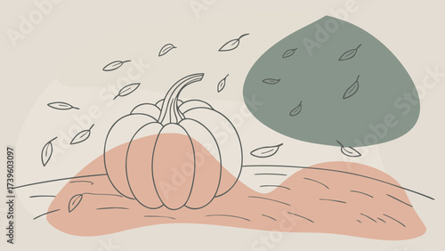 Illustration of a pumpkin in a field, complemented by a soft blue sky and whimsical wind lines.