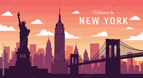 New York city skyline at sunset, featuring Statue of Liberty, Empire State Building, Brooklyn Bridge, vibrant sky, iconic landmarks, vector illustration