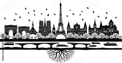 Paris skyline silhouette vector, featuring Eiffel Tower, Arc de Triomphe, Notre-Dame, tree roots, birds, bridges, perfect for travel, architecture, tourism themes