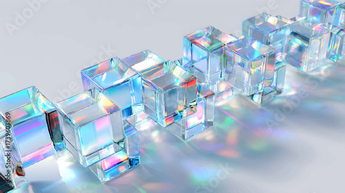 Abstract arrangement of iridescent glass cubes with pastel hues.