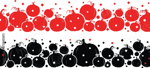 Red and black pumpkins silhouette, festive autumn harvest design, seasonal vector art with decorative diamond shapes, curly stems, overlapping pattern for holiday theme illustration