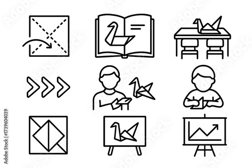 Origami Education Icons. Line style icons of origami in education: folding diagram, instruction book, classroom table,