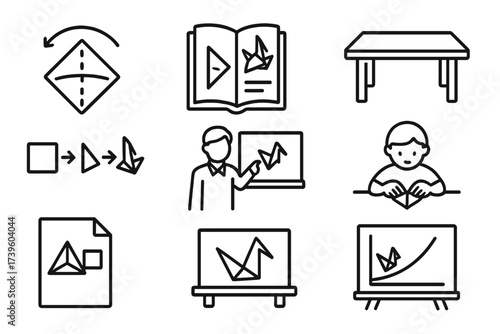 Origami Education Icons. Line style icons of origami in education: folding diagram, instruction book, classroom table,