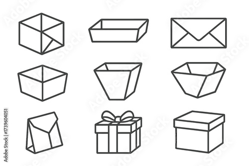 Origami Container Icons. Line style icons of origami containers: paper box, tray fold, envelope model, storage basket, cup shape,
