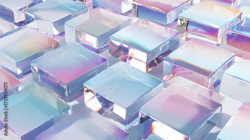 Abstract arrangement of iridescent glass cubes with pastel hues.