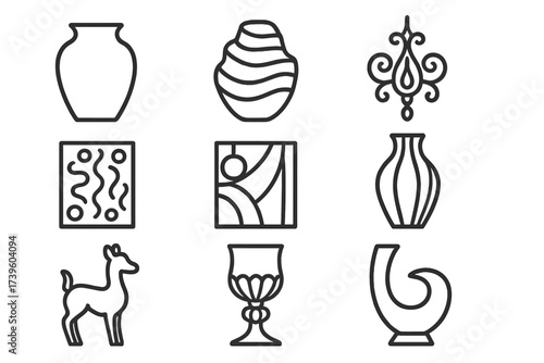 Advanced Glass Line Icons. Line style icons of advanced glass projects: large vessel, layered sculpture, complex chandelier part,