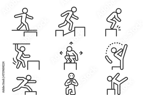 Parkour Fundamentals Icons. Line style icons of parkour fundamentals: balance walk, flow movement, soft landing, momentum control,