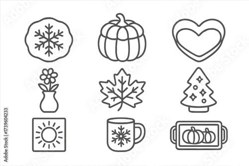 Seasonal Ceramic Icons. Line style icons of seasonal ceramic decor: snowflake dish, pumpkin jar, heart-shaped bowl, spring flower