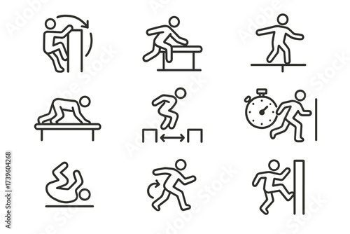Parkour Icon Set. Line style icons of parkour drills and exercises: wall climb repeat, vault combo, balance line walk, rail cat