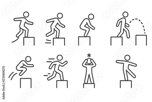 Parkour Fundamentals Icons. Line style icons of parkour fundamentals: balance walk, flow movement, soft landing, momentum control,