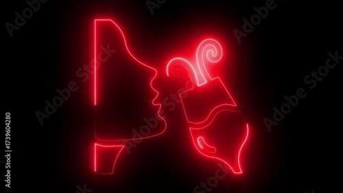 Red neon outline of a stylized face profile with a swirling abstract shape against a dark background glowing abstract art modern design