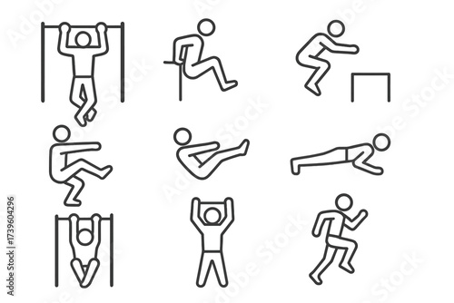 Parkour Training Icons. Line style icons of parkour strength training: pull-up bar, wall dips, box jump, pistol squat, core hold,