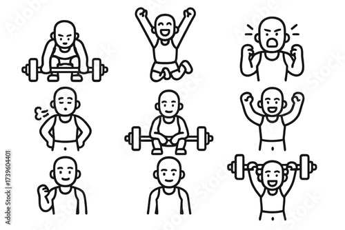 Lifter Emotion Icons. Line style icons of lifter emotions: pre-lift focus, celebration jump, angry scream, deep breath, relaxed