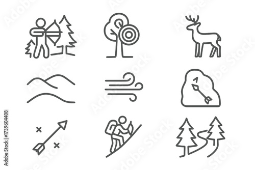 Archery in Nature Icons. Line style icons of archery in nature: archer in forest, target on tree, animal silhouette, uneven