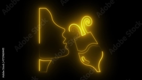Glowing yellow neon outline of a violin and bow on black background abstract music concept elegant design