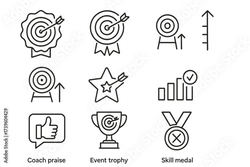 Archery Achievement Icons. Line style icons of archery achievement icons: bullseye badge, perfect score ribbon, milestone arrow,