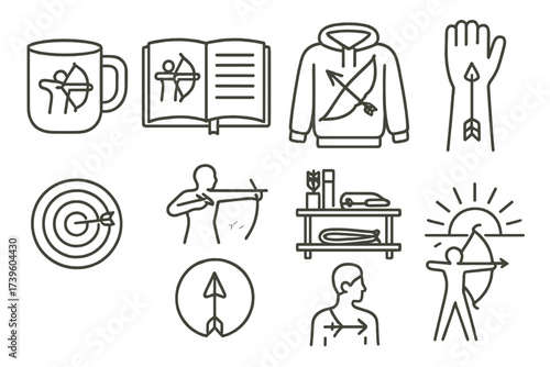 Archery Lifestyle Icons. Line style icons of archery lifestyle: archer coffee mug, practice journal, bow and hoodie, arrow-themed