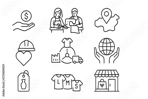 Ethical Fashion Icons. Line style icons of ethical fashion practices: fair wages, artisan workshop, local production, safe
