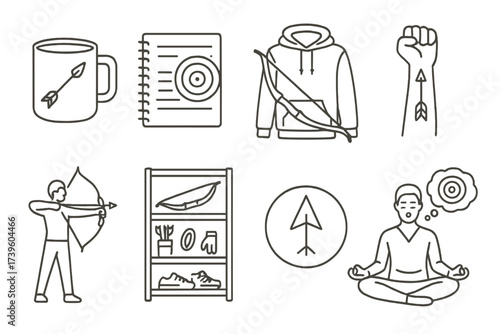 Archery Lifestyle Icons. Line style icons of archery lifestyle: archer coffee mug, practice journal, bow and hoodie, arrow-themed