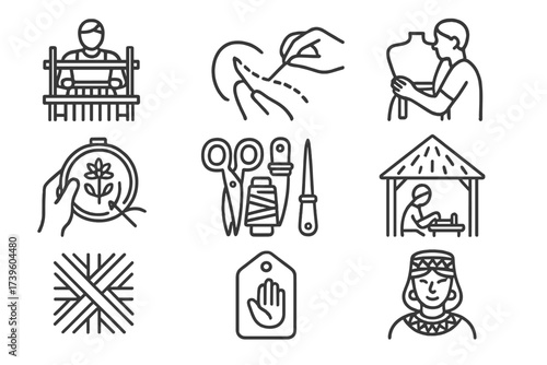 Artisan Craft Icons. Line style icons of artisan and handmade wear: loom weaver, hand stitching, custom fit icon, hand embroidery,