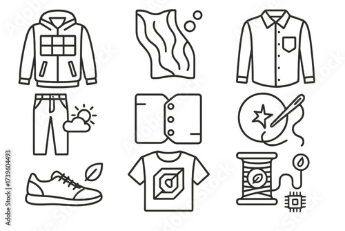 Futuristic Sustainable Fashion Icons. Line style icons of futuristic sustainable clothing: solar panel jacket, algae-based fabric,