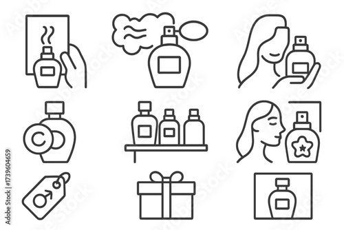 Perfume Icon Collection. Line style icons of perfume marketing: tester card, scent branding, package design, logo label, shelf