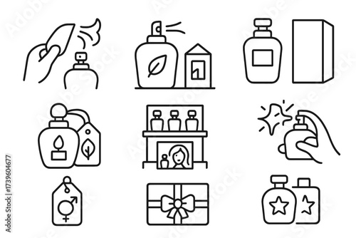 Perfume Icon Collection. Line style icons of perfume marketing: tester card, scent branding, package design, logo label, shelf