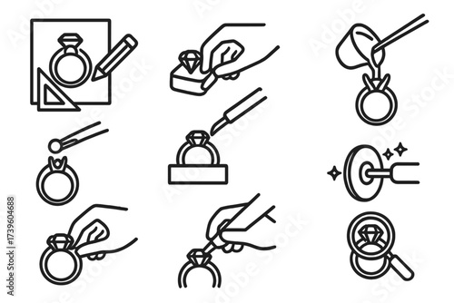 Jewelry Crafting Icons. Line style icons of jewelry making processes: sketch design, wax carving, metal casting, stone setting,
