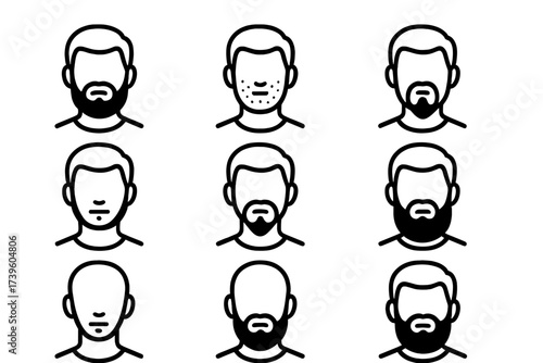 Bearded Icon Varieties. Line style icons of bearded client profiles: full beard, stubble, goatee, beard fade, ducktail, boxed