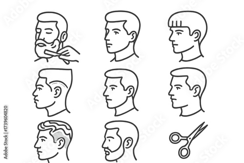 International Barber Icons. Line style icons of international barbering styles: Turkish shave, Italian fade, Japanese precision,