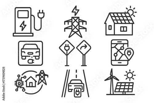 EV Infrastructure Icons. Line style icons of EV infrastructure: charging station, power grid, solar panel roof, EV parking spot,